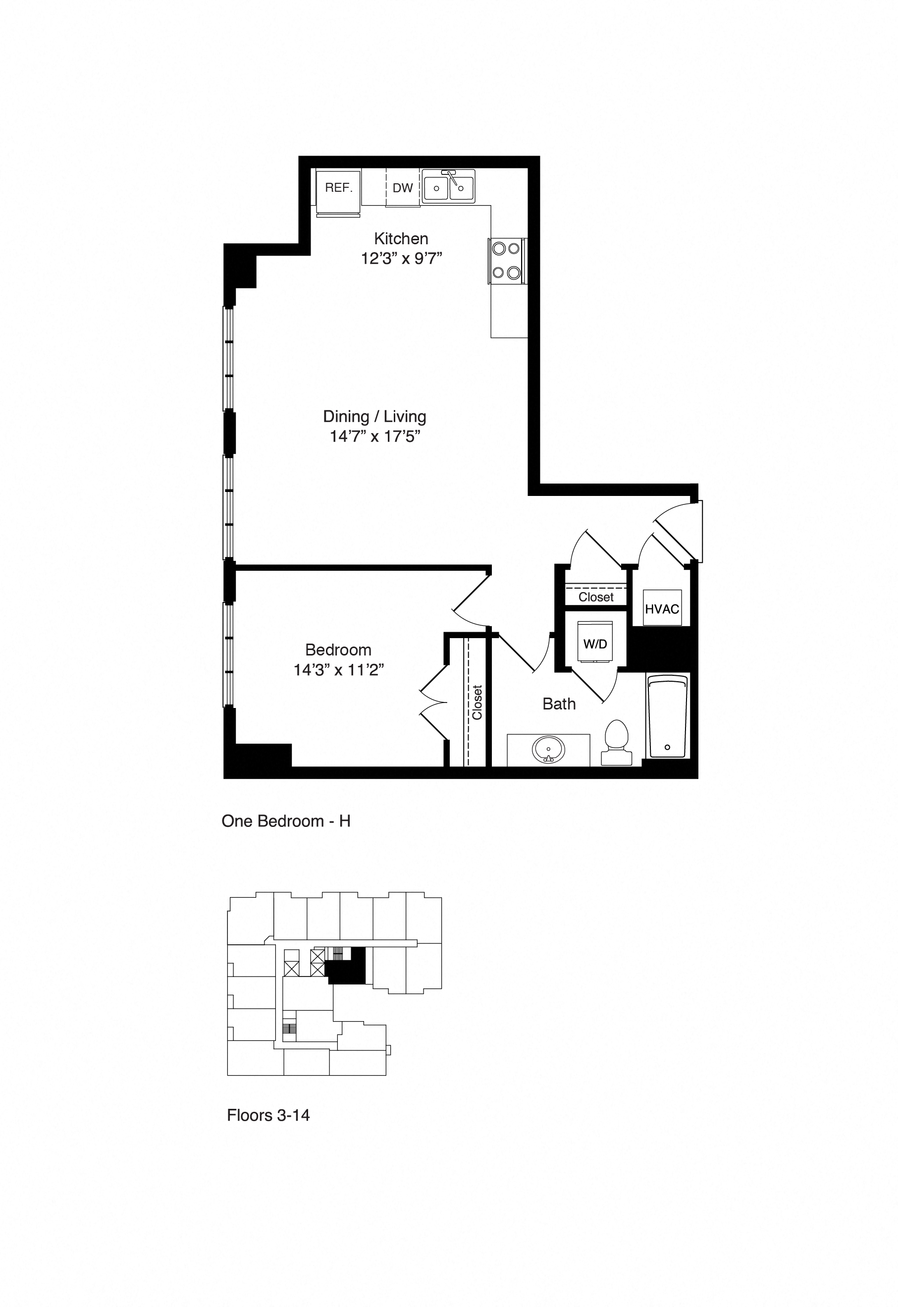 Floor plan for 1 bed, 1 bath, 758 sqft